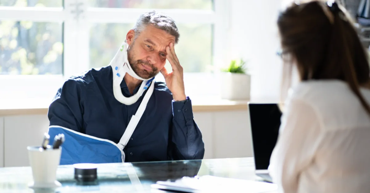An individual with a neck brace and arm sling sitting across a desk from another person in an office, discussing paperwork or a situation.