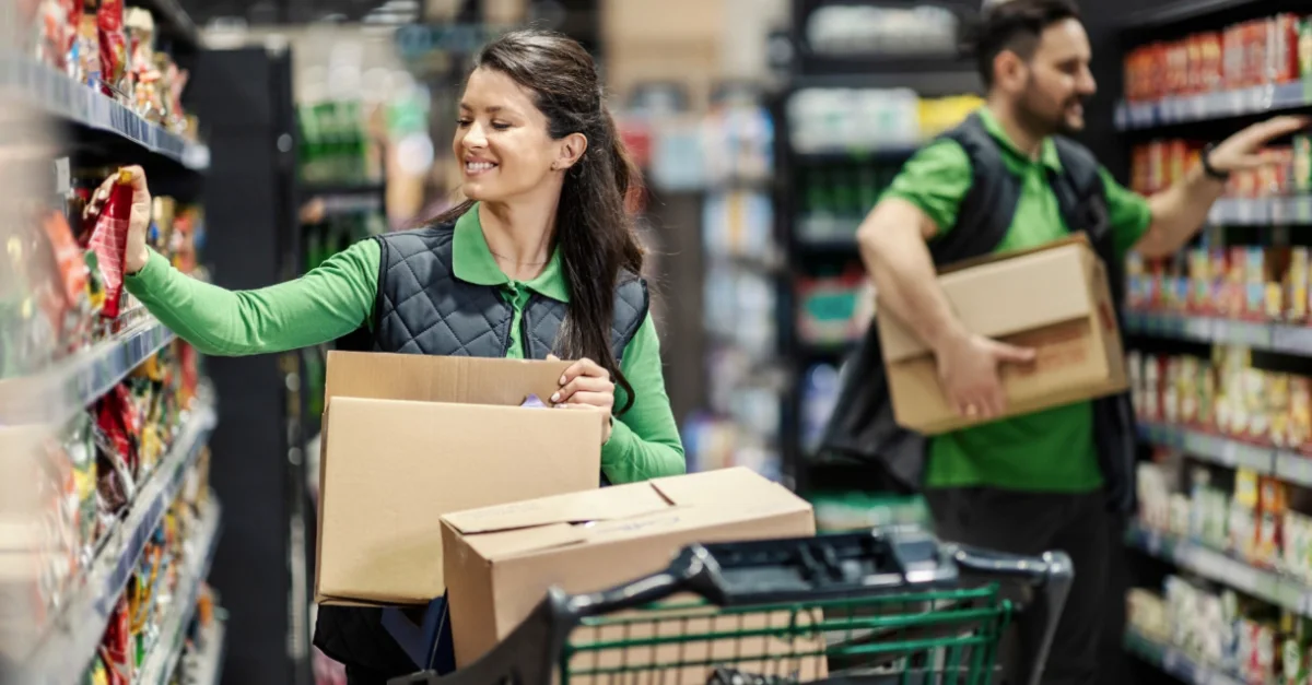 Workers in a grocery store restocking shelves, each carrying boxes and organizing products in an aisle.
