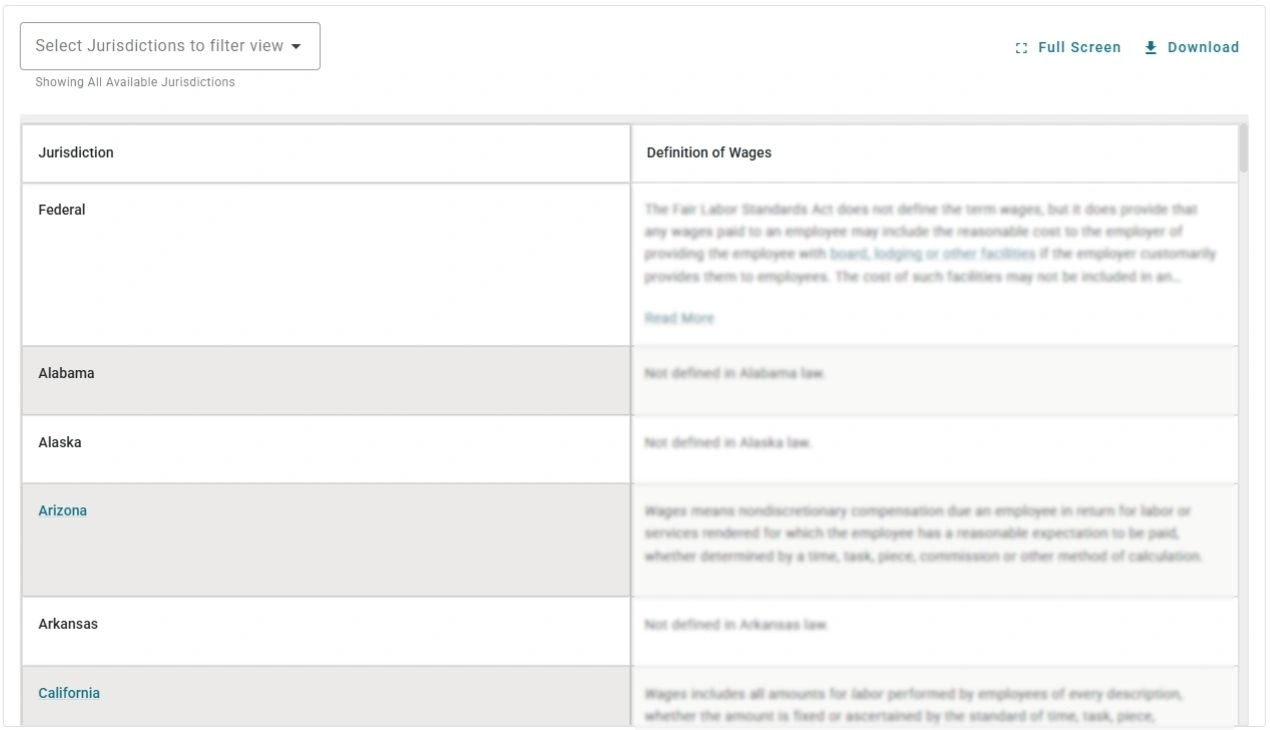 Screenshot of the Brightmine Fifty State Chart of definition of wages