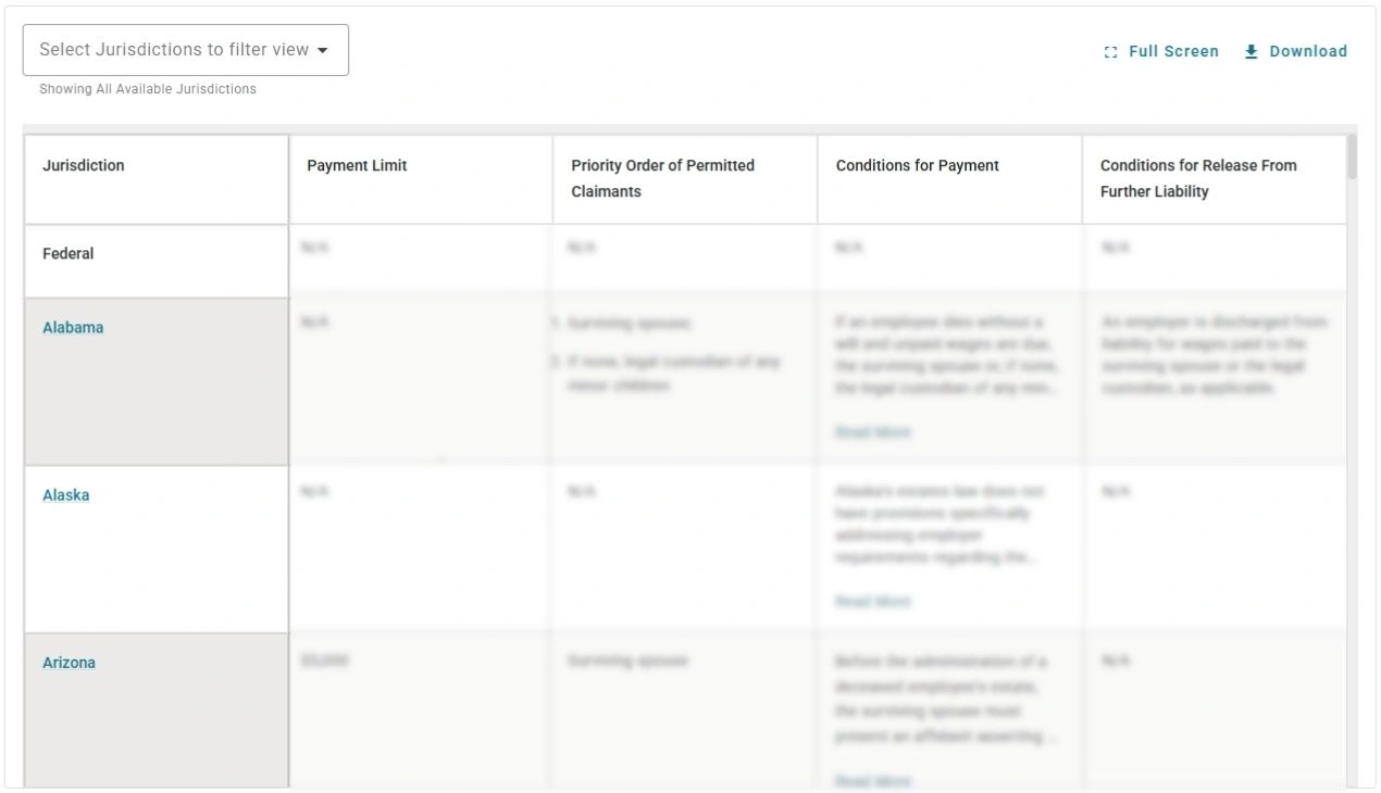 Screenshot of the Brightmine Fifty State Chart deceased employees