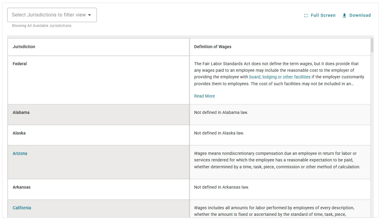 Screenshot of the Brightmine Fifty State Chart of definition of wages
